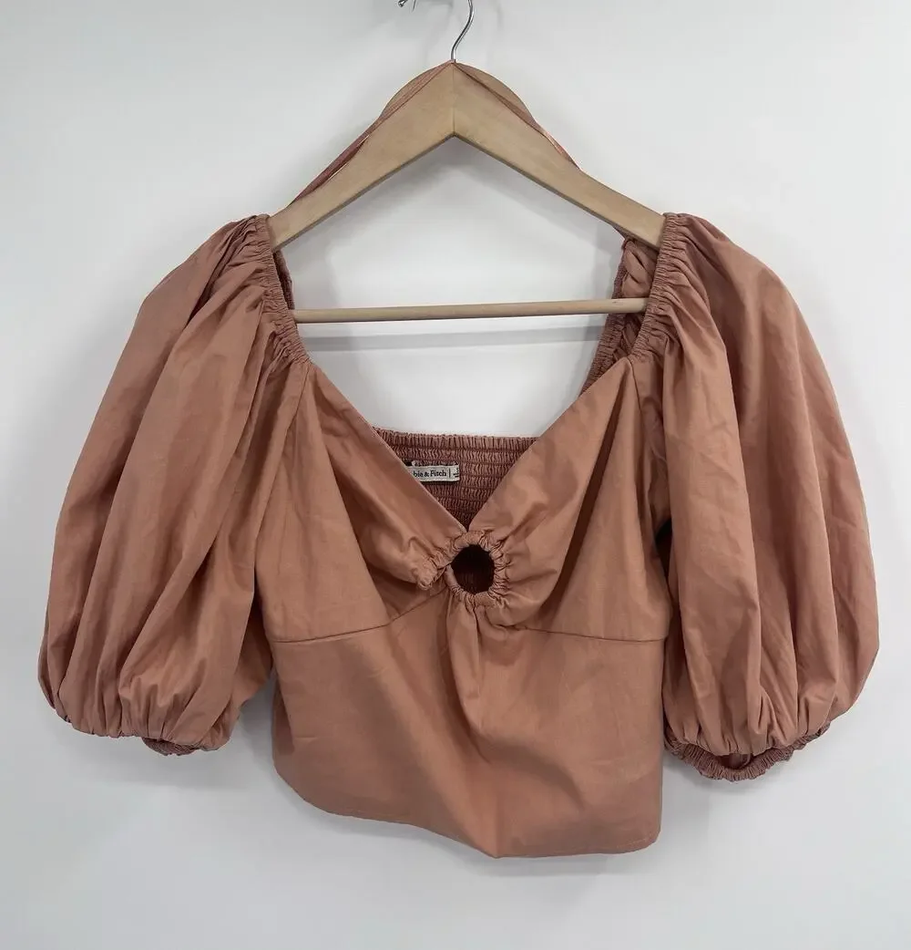 Abercrombie Fitch Peachy Mauve Puff Sleeve Keyhole Front Crop Blouse Small